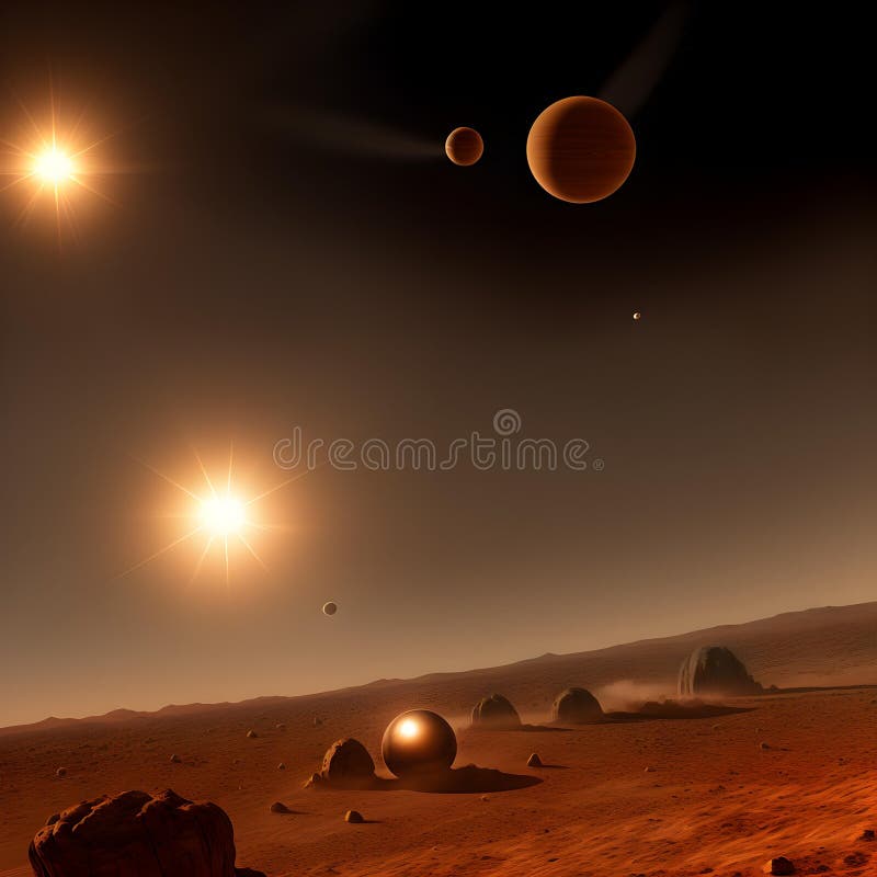 Binary star system over desert alien planet dual suns casting long sh - vector illustration.