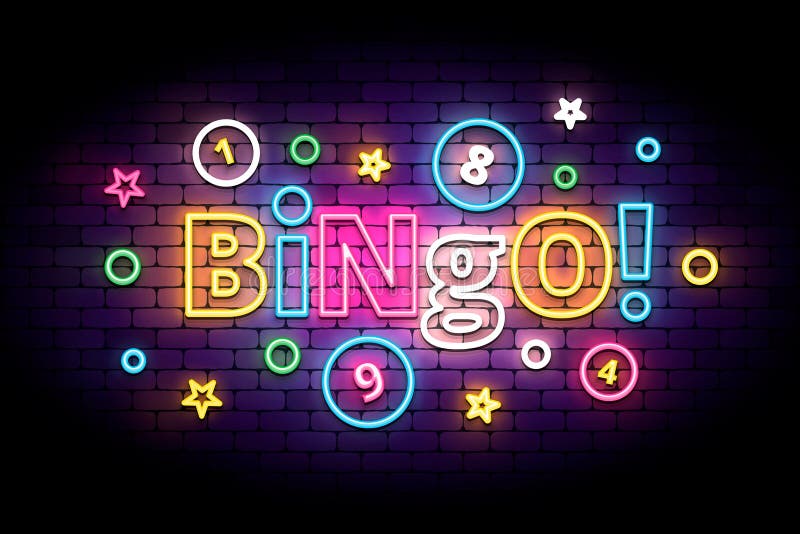 Bingoleuchtreklame mit Lotteriebällen und -sternen stock abbildung