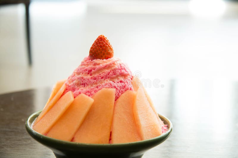 Bingsu with strawberry and melon stock photography