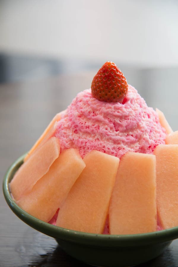 Bingsu with strawberry and melon stock photography