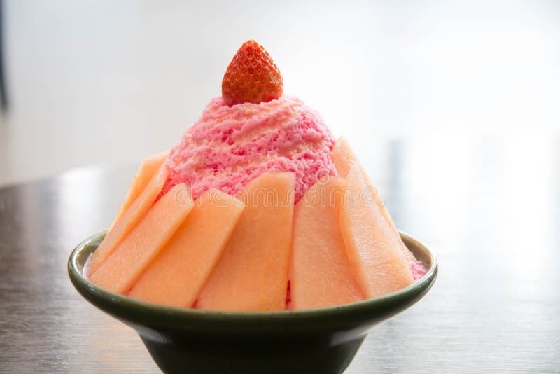 Bingsu with strawberry and melon stock photo