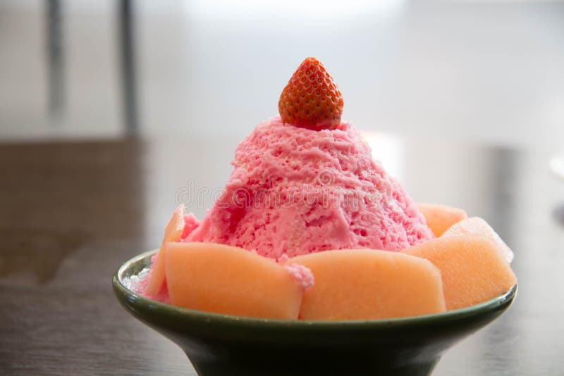 Bingsu with strawberry and melon royalty free stock image