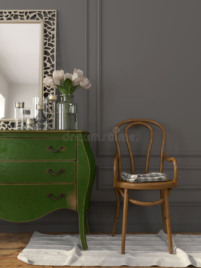 Binnenland met een groene ladenkast en een houten stoel royalty-vrije stock foto Binnenland met een groene ladenkast en een houten stoel royalty-vrije stock foto