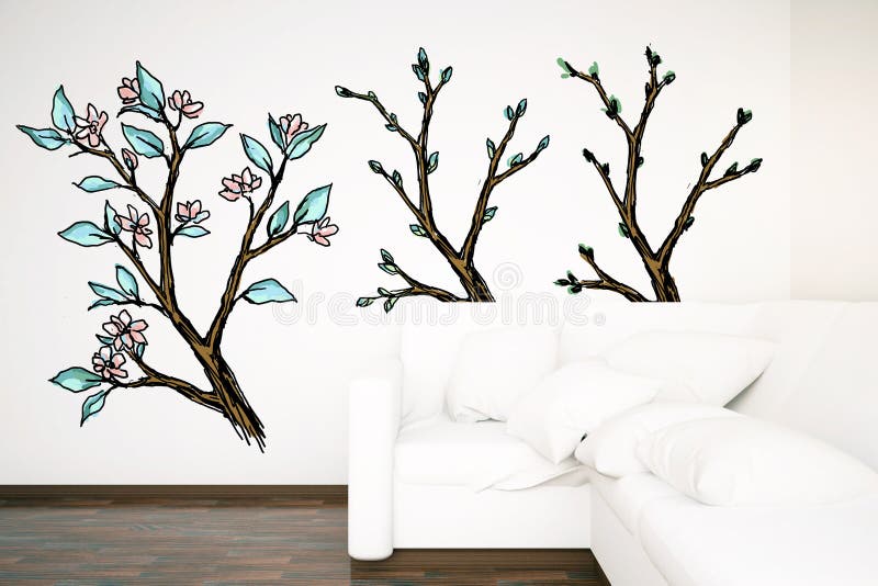 Binnenland met witte bank en getrokken bomen royalty-vrije illustratie Binnenland met witte bank en getrokken bomen royalty-vrije illustratie