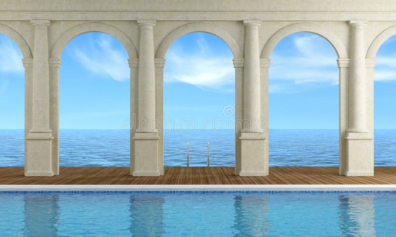Interior of a luxury resort with swimming pool and sea views. Interior of a luxury resort with swimming pool and sea views
