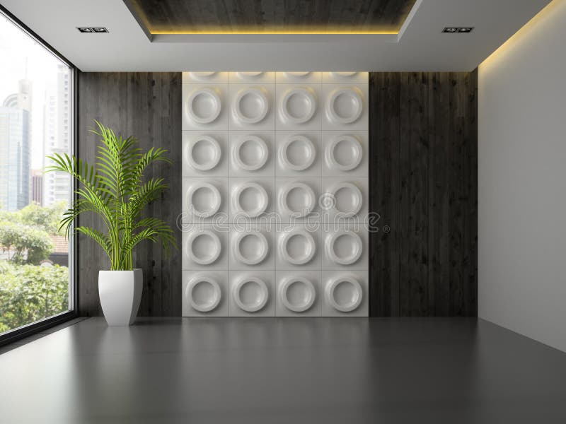 Interior of empty room with wall panel and palm 3D rendering. Interior of empty room with wall panel and palm 3D rendering