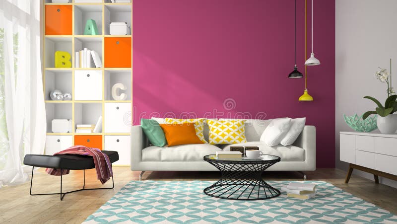 Binnenland van moderne ontwerpruimte met purpere muur 3D teruggevende 2 stock fotografie Binnenland van moderne ontwerpruimte met purpere muur 3D teruggevende 2 stock fotografie