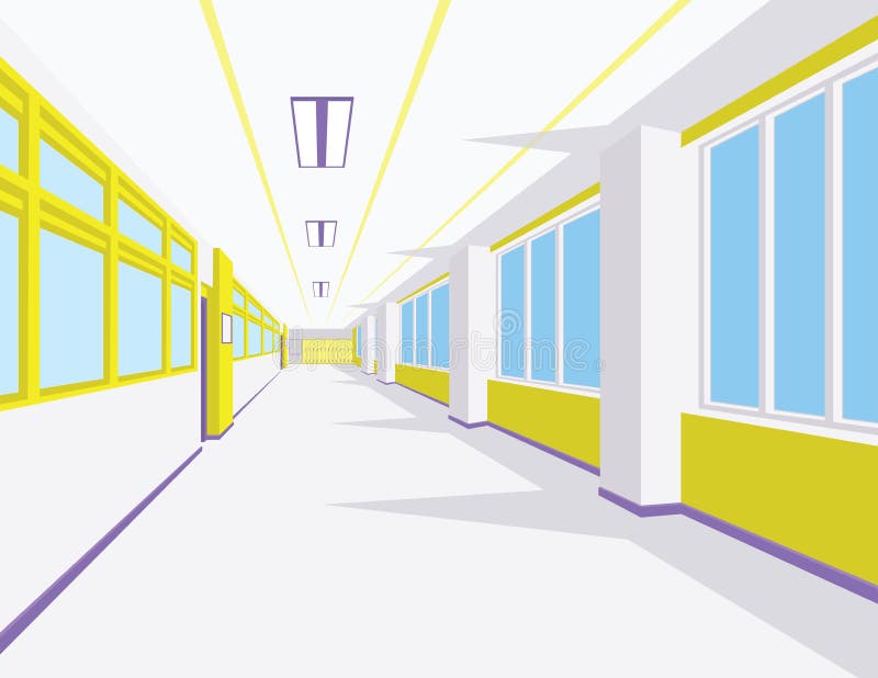 Binnenland van schoolzaal in vlakke stijl Vectorillustratie van universiteit of hogeschool gang met vensters stock illustratie Binnenland van schoolzaal in vlakke stijl Vectorillustratie van universiteit of hogeschool gang met vensters stock illustratie