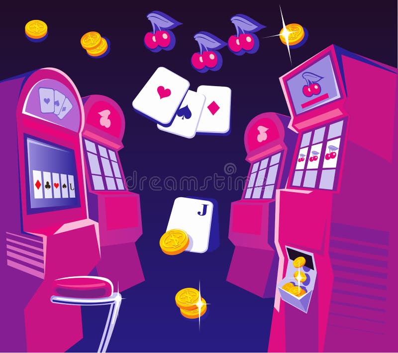 Binnenlands casino - gokautomaten, stoelen De gouden vlieg van muntstukkenspeelkaarten Ontwerpconcept voor het gokken geluk en su royalty-vrije illustratie Binnenlands casino - gokautomaten, stoelen De gouden vlieg van muntstukkenspeelkaarten Ontwerpconcept voor het gokken geluk en su royalty-vrije illustratie