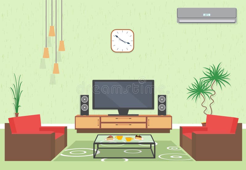 Binnenlands ontwerp van woonkamer in vlakke stijl met meubilair, bank, lijst, TV, bloem, airconditioning en klok stock illustratie Binnenlands ontwerp van woonkamer in vlakke stijl met meubilair, bank, lijst, TV, bloem, airconditioning en klok stock illustratie