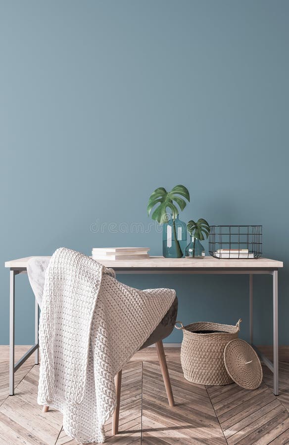 Interior wall mockup, natural wooden home office with green tree branch in vase and gray chair on empty blue wall background. 3D rendering. Interior wall mockup, natural wooden home office with green tree branch in vase and gray chair on empty blue wall background. 3D rendering