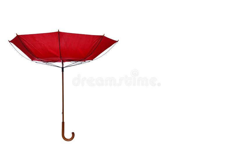 Inside Out Red Umbrella with Wooden Curved Handle Off Center on White Background. Inside Out Red Umbrella with Wooden Curved Handle Off Center on White Background