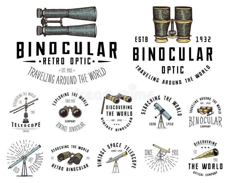Binocular logo emblem or label astronomical instruments, telescopes oculars and binoculars, quadrant, sextant engraved stock illustration
