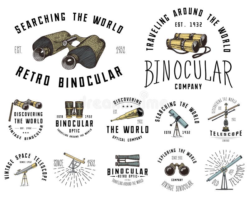 Binocular logo emblem or label astronomical instruments, telescopes oculars and binoculars, quadrant, sextant engraved stock illustration