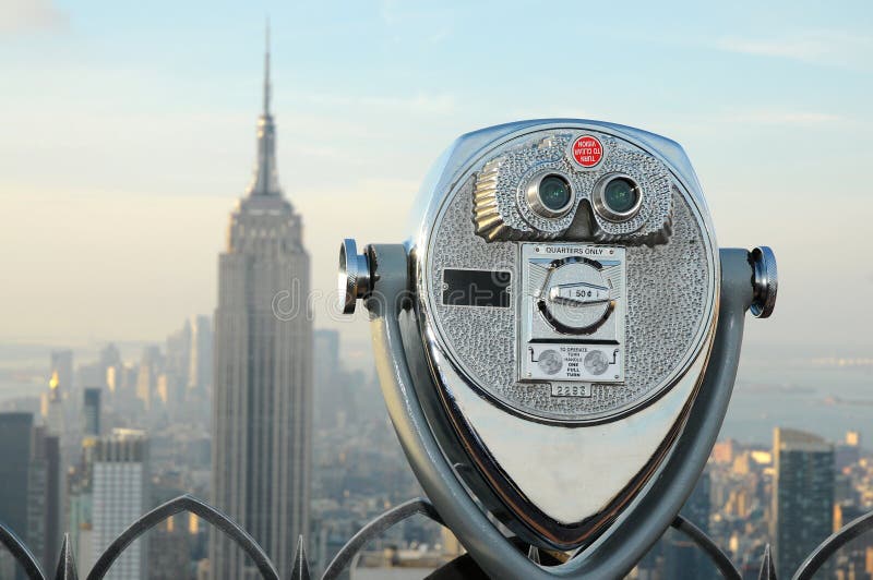 Binoculars overlooking the Manhattan skyline stock photo
