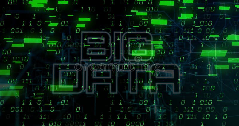 Binärer Code und Big Data Text-Animation über digitales grünes Matrix-Hintergrund stock abbildung