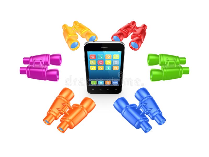 Binóculos coloridos em torno do telefone celular. ilustração stock Binóculos coloridos em torno do telefone celular. ilustração stock