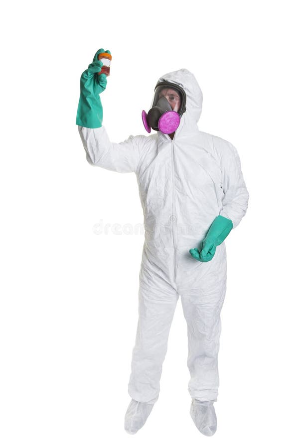 A man in a bio hazard suit looking at a sample, shot on a white background. A man in a bio hazard suit looking at a sample, shot on a white background.