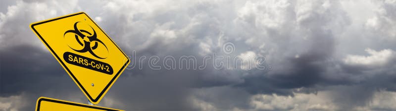 Bio-hazard Symbol With SARS-CoV-2 Corona Virus Yellow Road Sign Against Ominous Stormy Cloudy Sky Banner