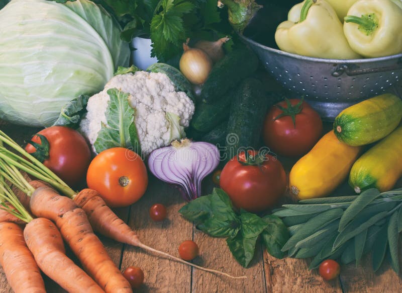 Bio organiska nya sommargrönsaker - första skörd av organiskt fullvuxen kål, gurka, morot, zucchini, peppar, lök, eggpl arkivbilder Bio organiska nya sommargrönsaker - första skörd av organiskt fullvuxen kål, gurka, morot, zucchini, peppar, lök, eggpl arkivbilder