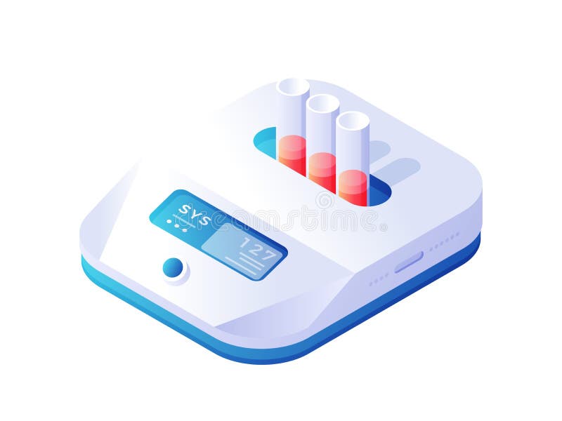 Biochemical thermostat analyzer isometric vector. White electronic microbiological device with blue panel. stock illustration
