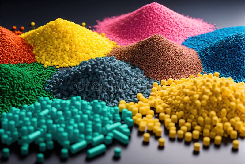 Biodegradable Plastic Granules Different Colors on Table Stock Photo