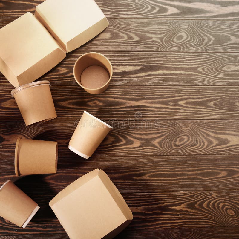 Biodegradable Tableware on Wooden Background. Secondary Processing. the