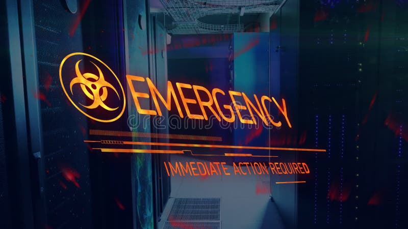 Biohazard symbol animation alerting over server room in school environment stock footage