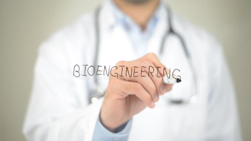 Bioingegneria, scrittura di medico sullo schermo trasparente fotografia stock libera da diritti