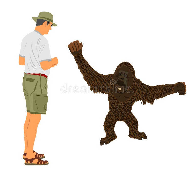 Biolog naukowiec obserwuje zachowanie izolowanej ilustracji wektora małpy orangutanowej. royalty ilustracja