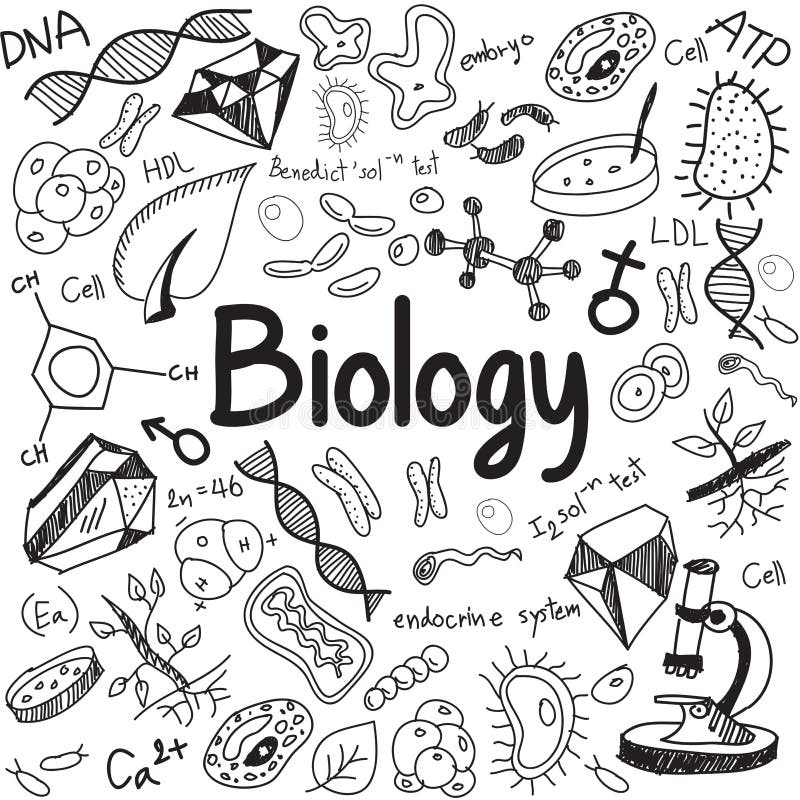 Biologiewissenschaftstheorie-Gekritzelhandschrift und vorbildliche Ikone des Werkzeugs herein