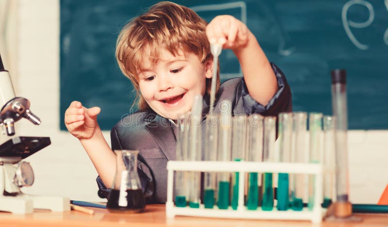 Biology School Laboratory Equipment. Little Kid Learning Chemistry in ...