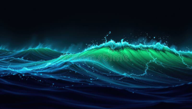 Bioluminescencyjny gradient zieleni do fal morskich inspirowany glonami głębinowymi z magiczną nakładką mgły ilustracja wektor