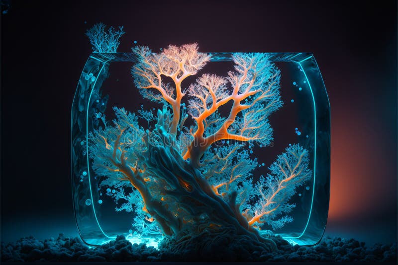 Bioluminescent Coral in a Designer Concept Design Aquarium stock illustration