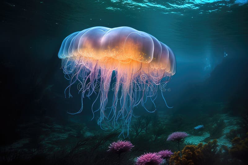 Bioluminescent jellyfish floating near coral reef vector illustration