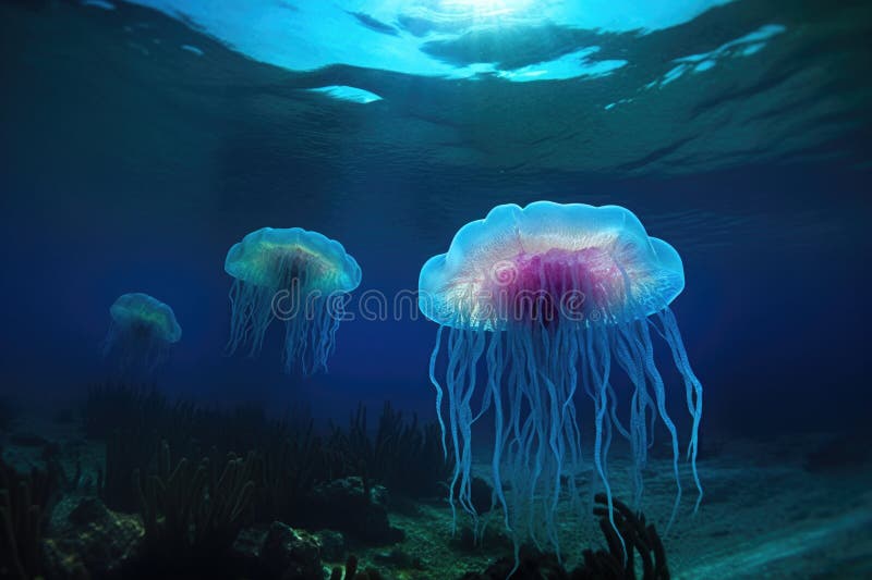 Bioluminescent jellyfish floating near coral reef royalty free illustration
