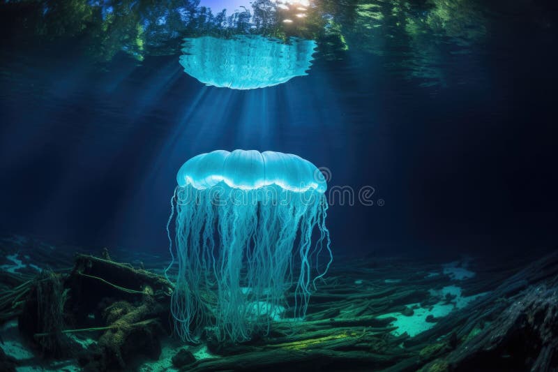 Bioluminescent jellyfish floating near coral reef vector illustration