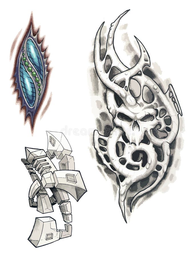Biomechanical Tattoo Design. Set of Labels and Elements. Vector Set