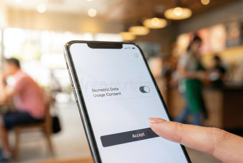 User's finger about to tap "Accept" on a biometric data usage consent screen. Ideal for illustrating topics related to data privacy, digital security, facial recognition laws, and user experience in modern mobile applications. User consent illustrations