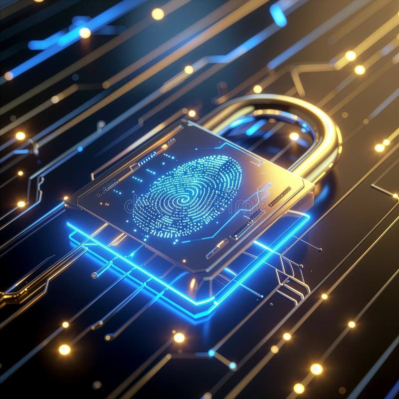 Golden lock with intricate circuit patterns, symbolizing digital security. stock illustration