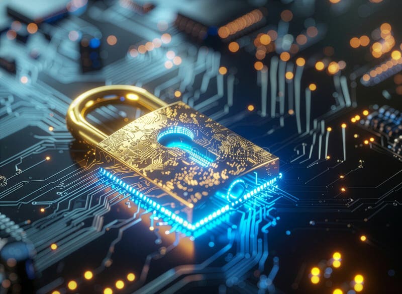 Golden lock with intricate circuit patterns, symbolizing digital security. stock illustration
