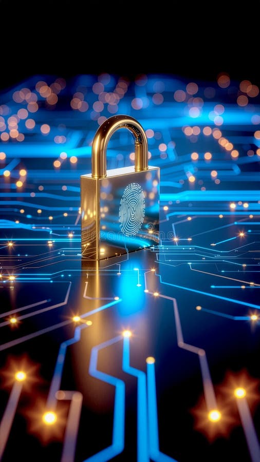 Golden lock with intricate circuit patterns, symbolizing digital security. vector illustration