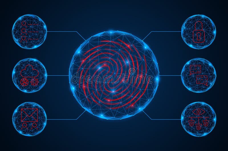 The biometric ecosystem of access a fingerprint sphere and interconnected nodes representing key areas biometrics application ilustração do vetor
