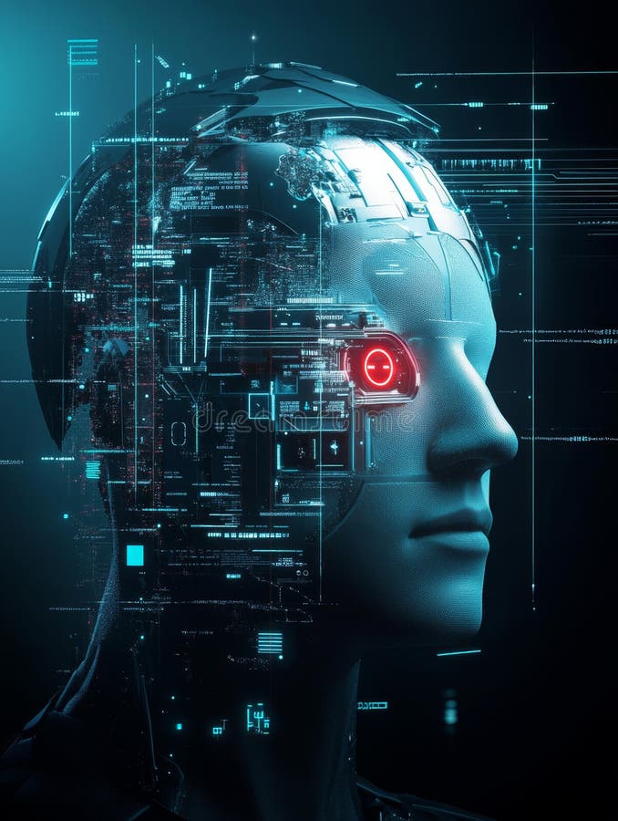 Biometric security hacked by smart device A robot face is shown with a red light in the eye representing the vulnerability of stock illustration