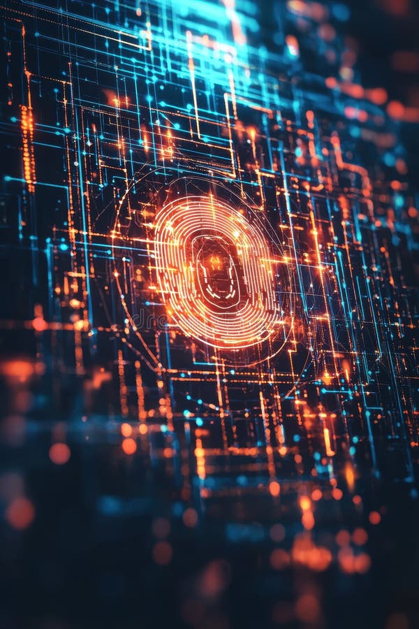 Biometric Security Visualization: Digital Fortress of Glowing Lines and Protective Elements royalty free stock photography