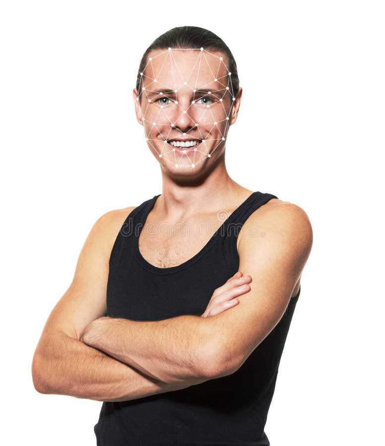 Biometric verification. Young man. Isolated on white. The concept of a technology of face recognition on polygonal grid royalty free stock image