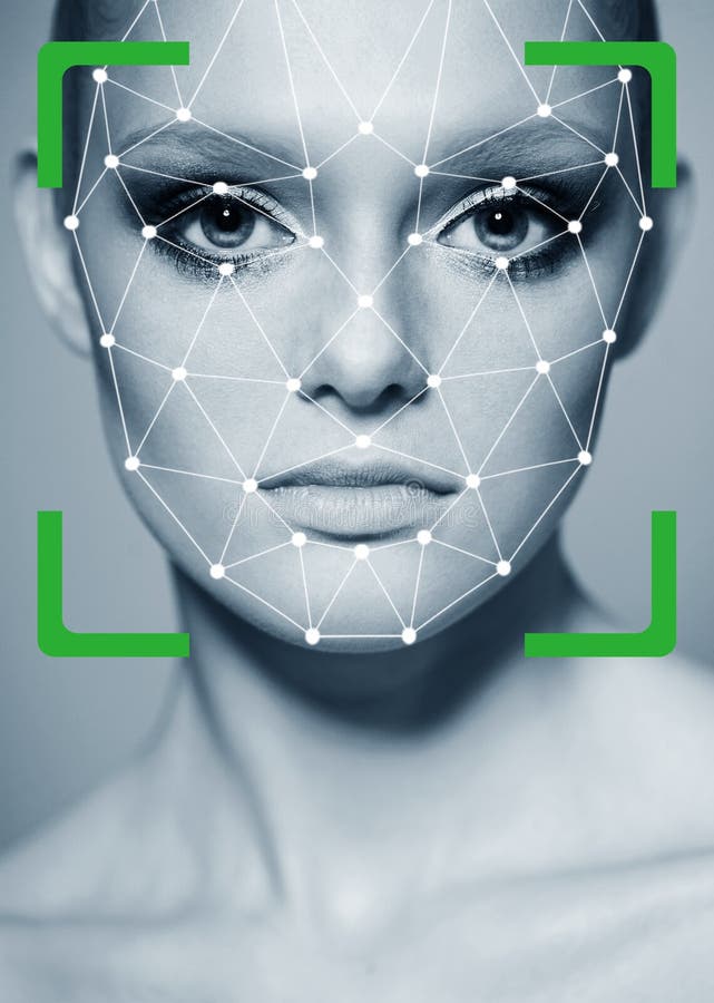 Biometric verification. Young woman. The concept of a technology of face recognition on polygonal grid royalty free stock photography