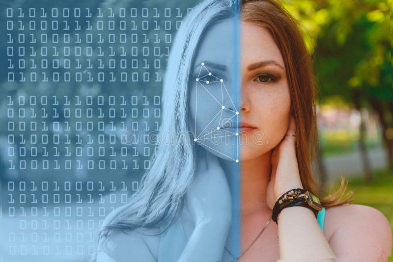 Biometrische Controle Jonge Vrouw 15 Het concept een nieuwe technologie van gezichtserkenning op veelhoekig net stock afbeeldingen Biometrische Controle Jonge Vrouw 15 Het concept een nieuwe technologie van gezichtserkenning op veelhoekig net stock afbeeldingen