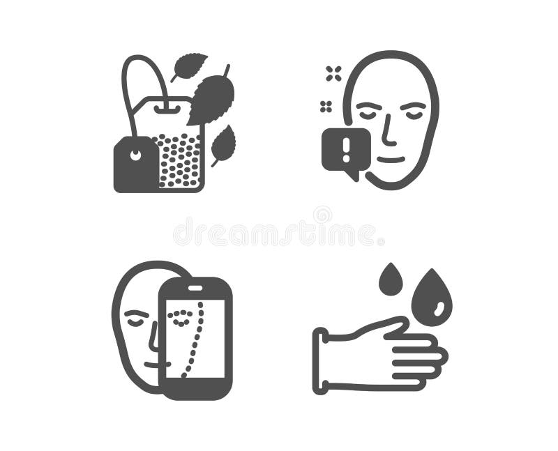 Biométrica da cara, saco da hortelã e de atenção da cara ícones Sinal de borracha das luvas Vetor ilustração stock Biométrica da cara, saco da hortelã e de atenção da cara ícones Sinal de borracha das luvas Vetor ilustração stock