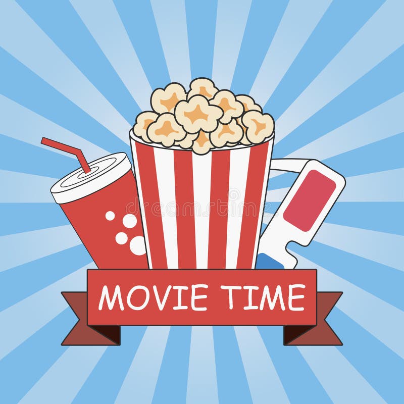 bioskoop Filmtijd Afficheontwerp met popcorn, 3d glazen, sodakop en lint Bannermalplaatje met blauwe zonnestraalachtergrond stock illustratie bioskoop Filmtijd Afficheontwerp met popcorn, 3d glazen, sodakop en lint Bannermalplaatje met blauwe zonnestraalachtergrond stock illustratie